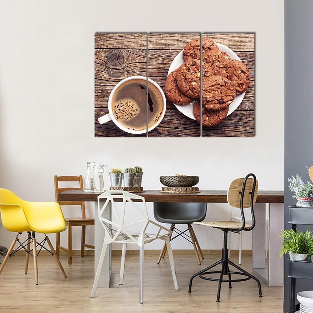 Plate With Chocolate Cookies And Cup Of Hot Coffee Canvas Wall Art-3 Horizontal-Gallery Wrap-37" x 24"-Tiaracle