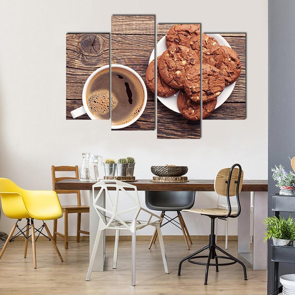 Plate With Chocolate Cookies And Cup Of Hot Coffee Canvas Wall Art-4 Pop-Gallery Wrap-50" x 32"-Tiaracle