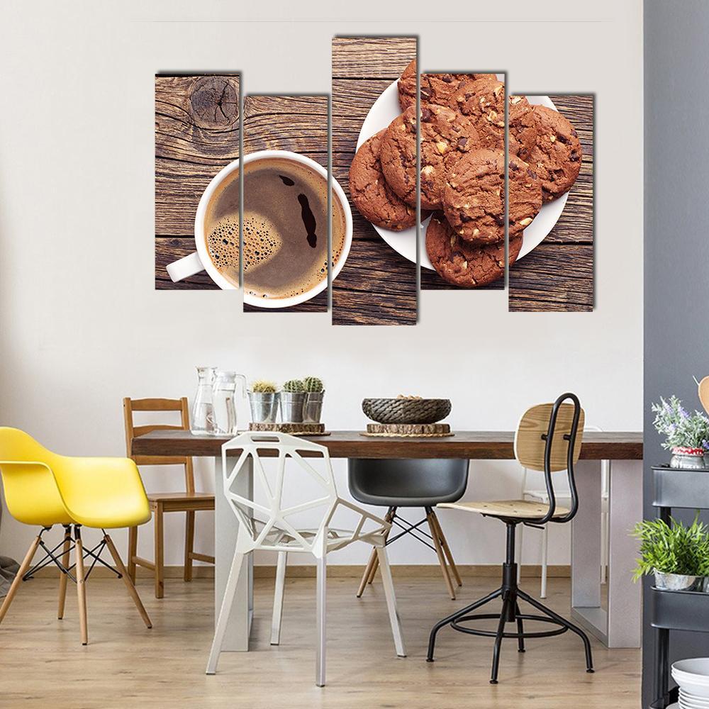 Plate With Chocolate Cookies And Cup Of Hot Coffee Canvas Wall Art-5 Pop-Gallery Wrap-47" x 32"-Tiaracle