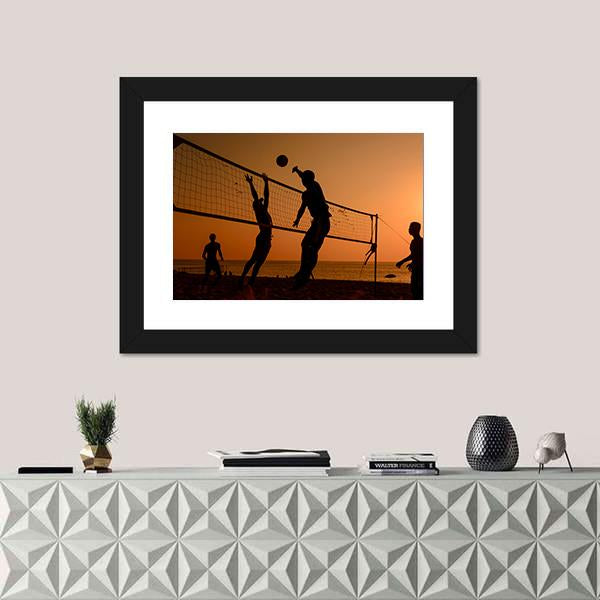 Players Playing Volley Ball At Beach Canvas Wall Art-1 Piece-Framed Print-20" x 16"-Tiaracle