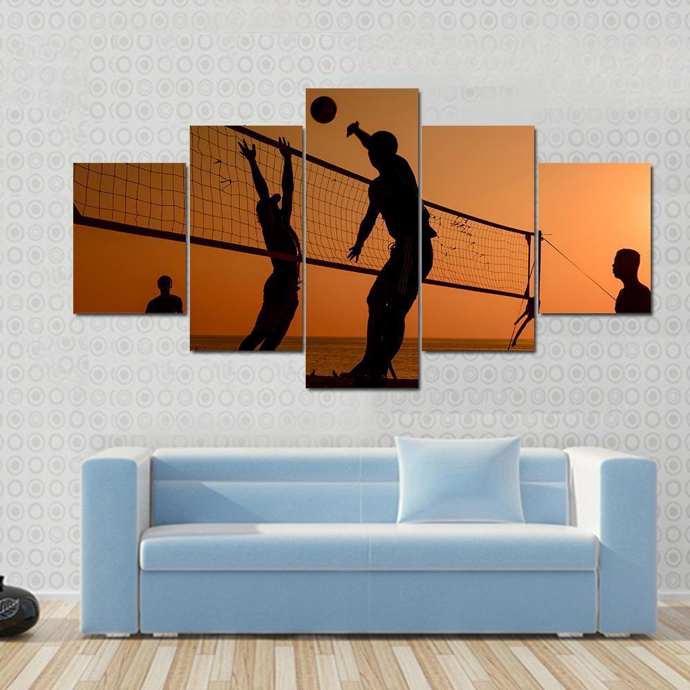 Players Playing Volley Ball At Beach Canvas Wall Art-5 Star-Gallery Wrap-62" x 32"-Tiaracle