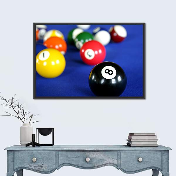 Pool Balls On Blue Pool Table Canvas Wall Art-1 Piece-Floating Frame-24" x 16"-Tiaracle