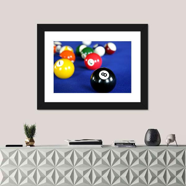 Pool Balls On Blue Pool Table Canvas Wall Art-1 Piece-Framed Print-20" x 16"-Tiaracle