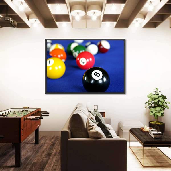 Pool Balls On Blue Pool Table Canvas Wall Art-3 Horizontal-Gallery Wrap-25" x 16"-Tiaracle