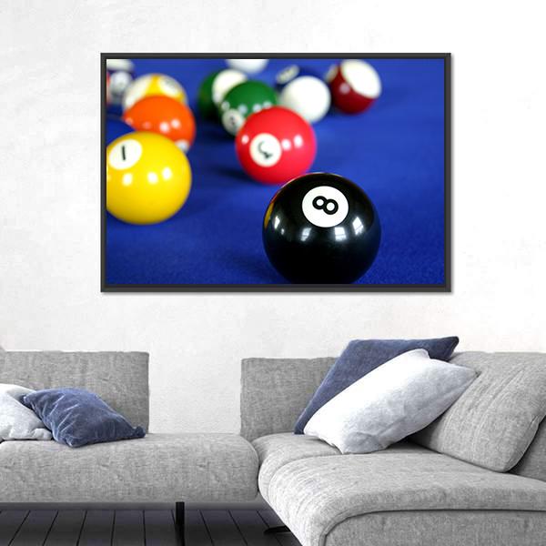 Pool Balls On Blue Pool Table Canvas Wall Art-3 Horizontal-Gallery Wrap-25" x 16"-Tiaracle