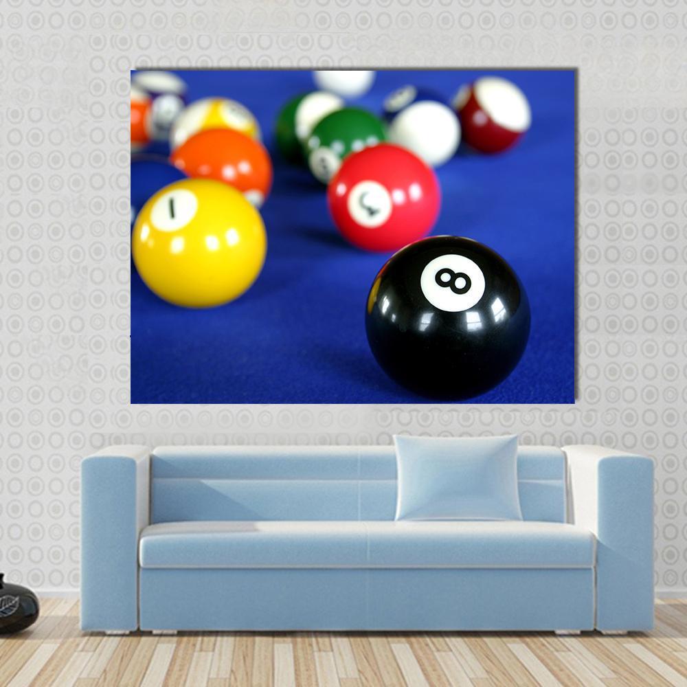 Pool Balls On Blue Pool Table Canvas Wall Art-1 Piece-Gallery Wrap-48" x 32"-Tiaracle