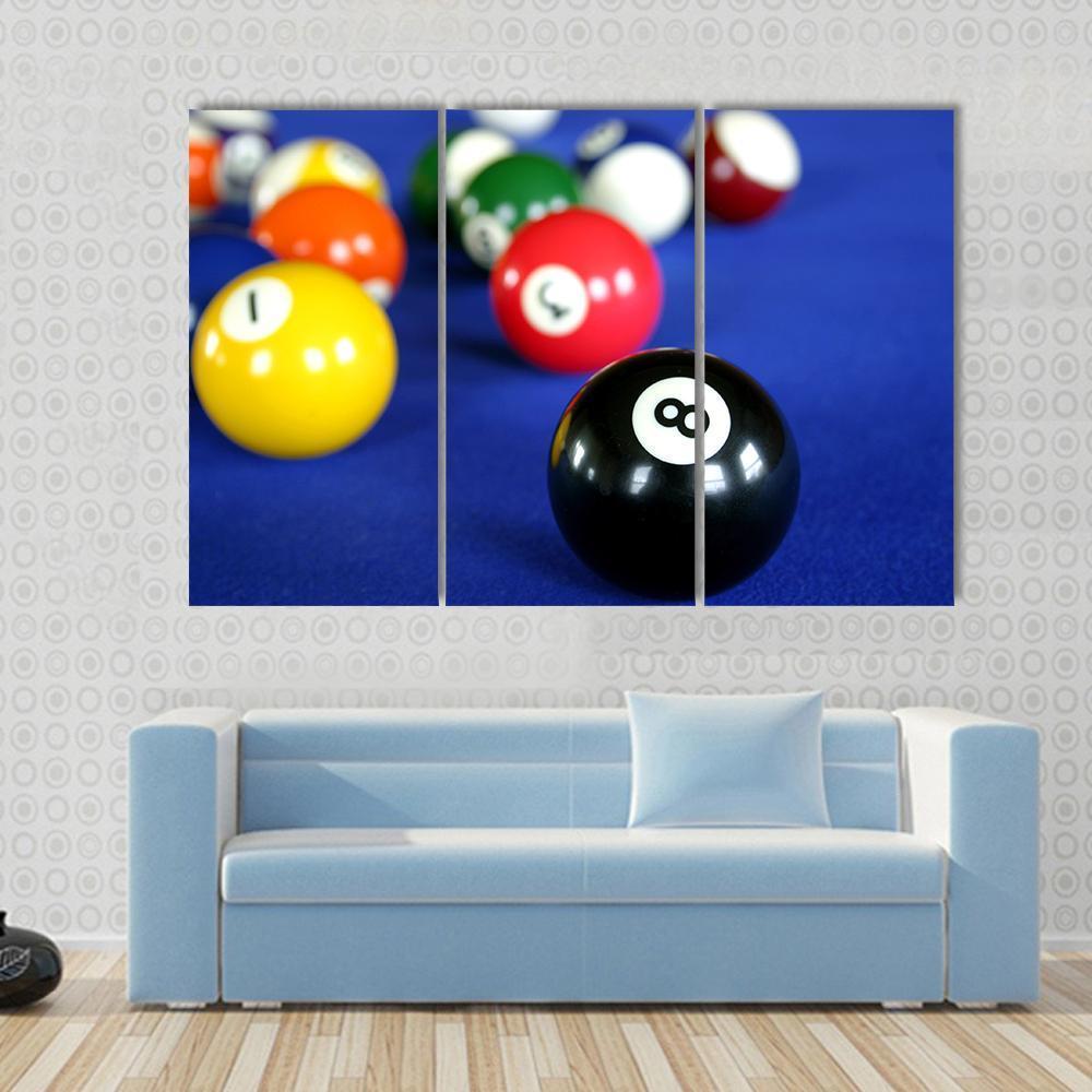 Pool Balls On Blue Pool Table Canvas Wall Art-3 Horizontal-Gallery Wrap-37" x 24"-Tiaracle