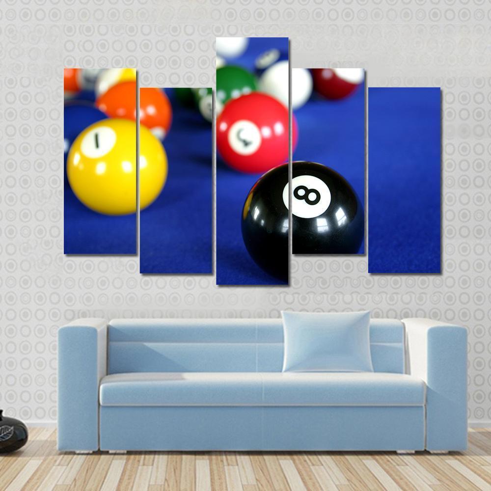 Pool Balls On Blue Pool Table Canvas Wall Art-5 Pop-Gallery Wrap-47" x 32"-Tiaracle