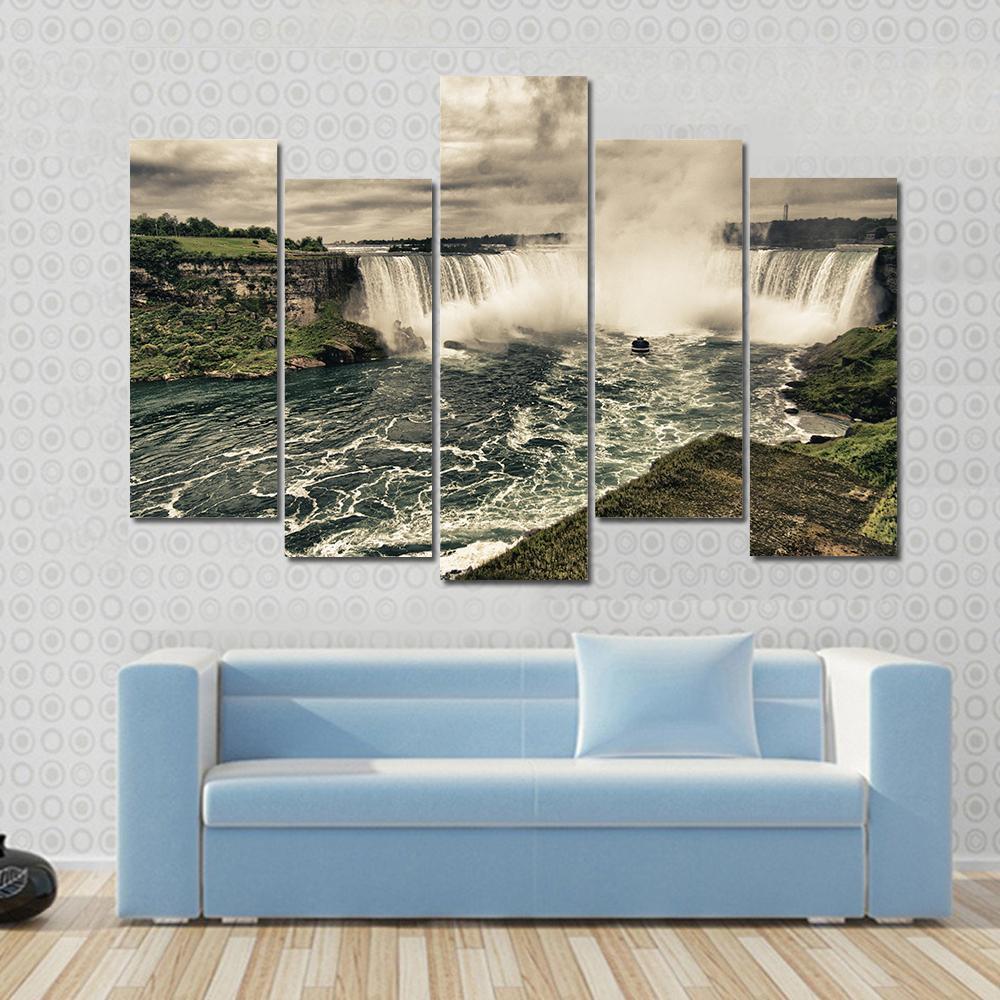 Power Of Niagara Waterfalls Canvas Wall Art-5 Pop-Gallery Wrap-47" x 32"-Tiaracle