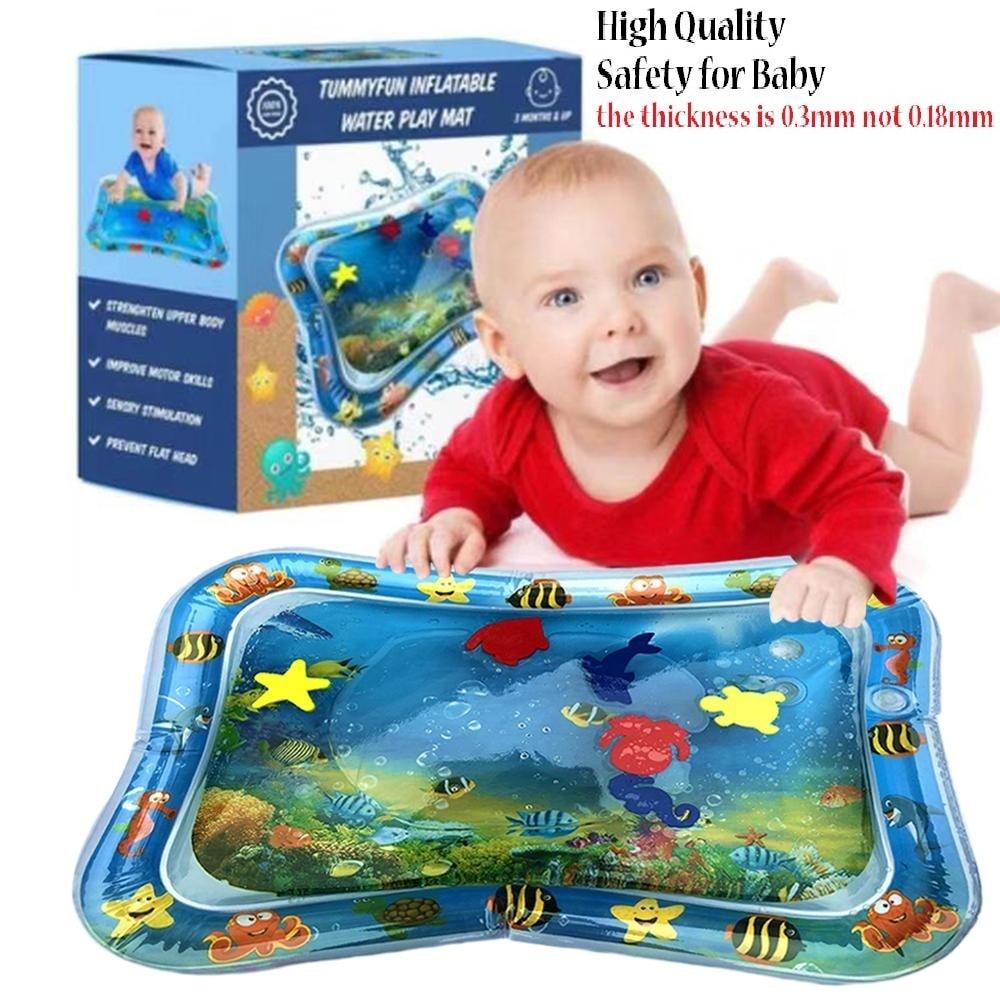 Inflatable water play mat for babies toy by Tummyfun, showing marine-themed artwork and being played with by an infant.