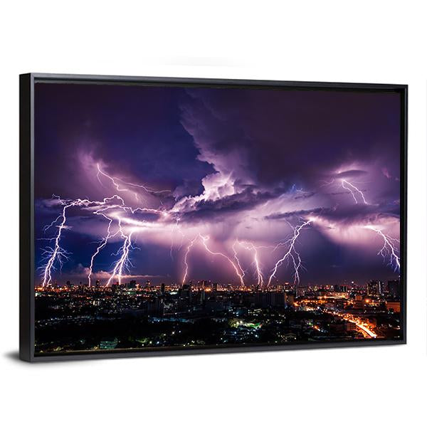 Purple Lightning Over City Canvas Wall Art-3 Horizontal-Gallery Wrap-25" x 16"-Tiaracle