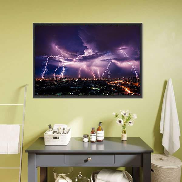 Purple Lightning Over City Canvas Wall Art-1 Piece-Floating Frame-24" x 16"-Tiaracle