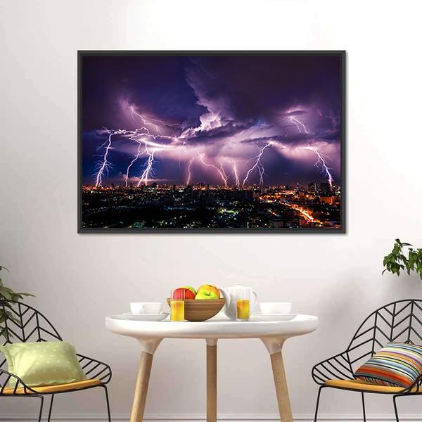 Purple Lightning Over City Canvas Wall Art-3 Horizontal-Gallery Wrap-25" x 16"-Tiaracle