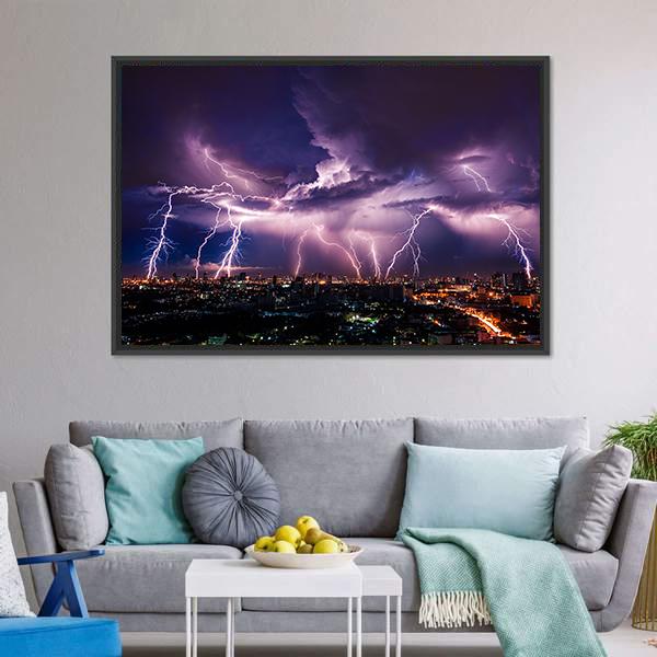 Purple Lightning Over City Canvas Wall Art-3 Horizontal-Gallery Wrap-25" x 16"-Tiaracle