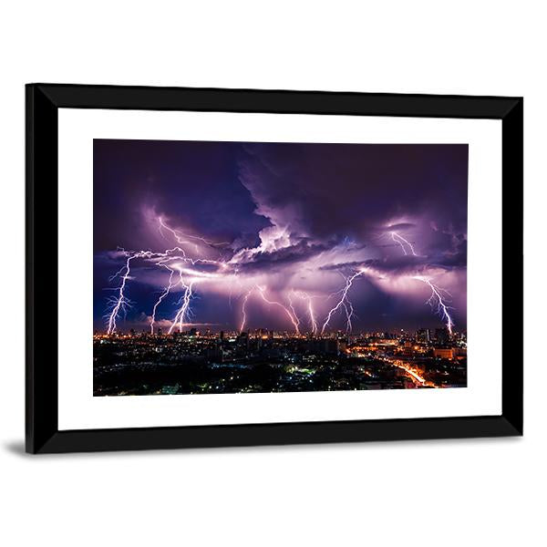 Purple Lightning Over City Canvas Wall Art-3 Horizontal-Gallery Wrap-25" x 16"-Tiaracle