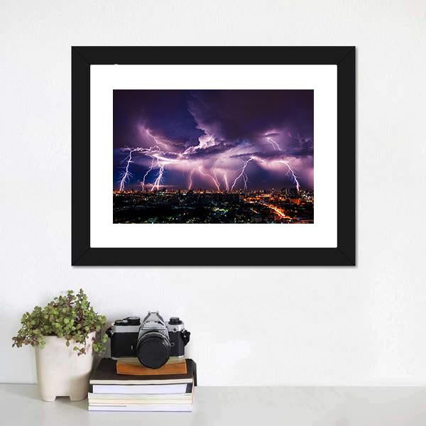 Purple Lightning Over City Canvas Wall Art-1 Piece-Framed Print-20" x 16"-Tiaracle