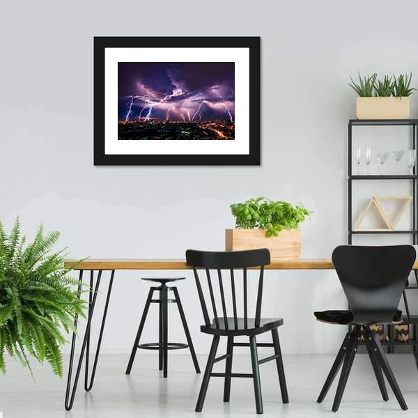 Purple Lightning Over City Canvas Wall Art-3 Horizontal-Gallery Wrap-25" x 16"-Tiaracle