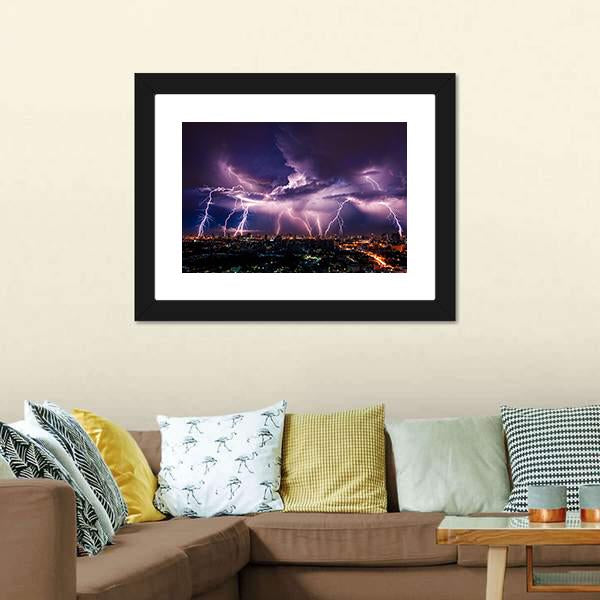 Purple Lightning Over City Canvas Wall Art-3 Horizontal-Gallery Wrap-25" x 16"-Tiaracle