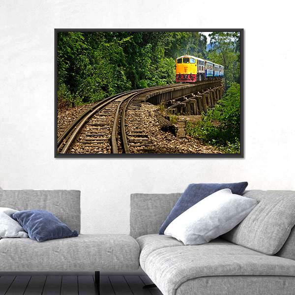 Rail Travel In Kanchanaburi Province Thailand Canvas Wall Art-3 Horizontal-Gallery Wrap-25" x 16"-Tiaracle