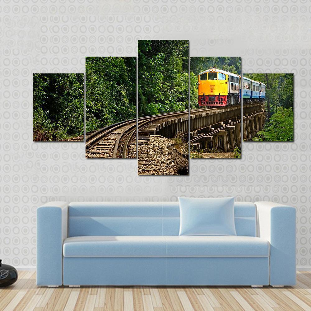 Rail Travel In Kanchanaburi Province Thailand Canvas Wall Art-5 Star-Gallery Wrap-62" x 32"-Tiaracle