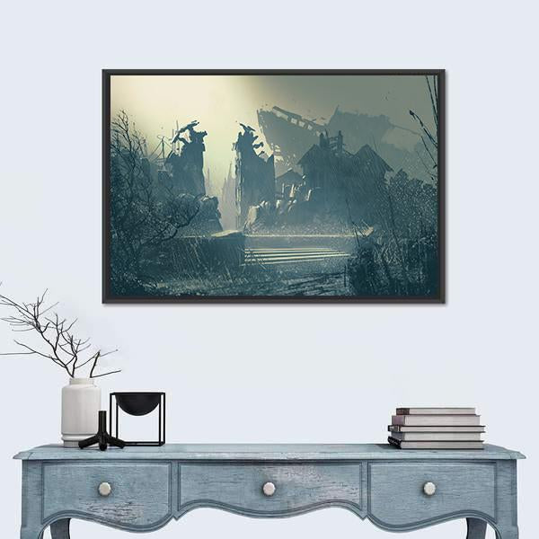 Rain In Abandoned City Canvas Wall Art-1 Piece-Floating Frame-24" x 16"-Tiaracle