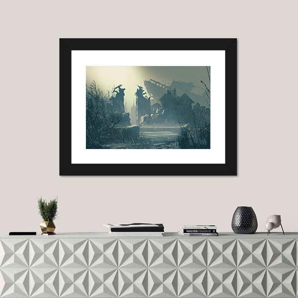 Rain In Abandoned City Canvas Wall Art-1 Piece-Framed Print-20" x 16"-Tiaracle