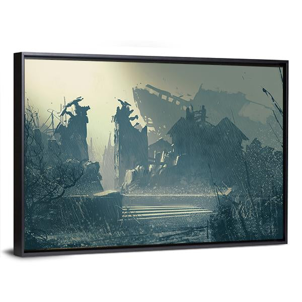 Rain In Abandoned City Canvas Wall Art-3 Horizontal-Gallery Wrap-25" x 16"-Tiaracle