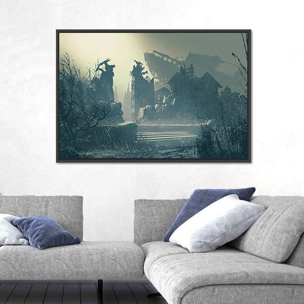 Rain In Abandoned City Canvas Wall Art-3 Horizontal-Gallery Wrap-25" x 16"-Tiaracle