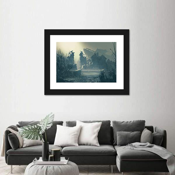 Rain In Abandoned City Canvas Wall Art-3 Horizontal-Gallery Wrap-25" x 16"-Tiaracle