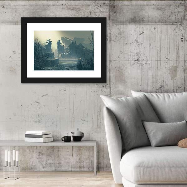 Rain In Abandoned City Canvas Wall Art-3 Horizontal-Gallery Wrap-25" x 16"-Tiaracle