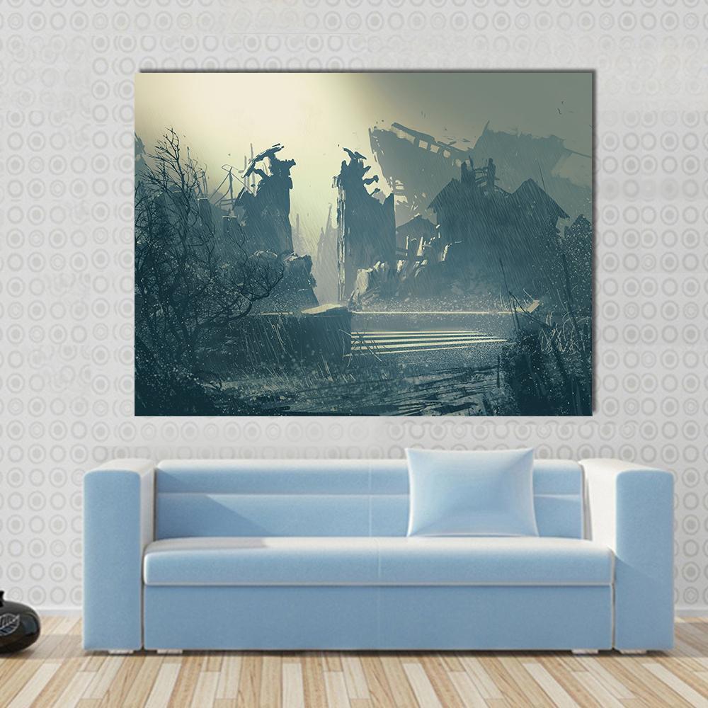 Rain In Abandoned City Canvas Wall Art-1 Piece-Gallery Wrap-48" x 32"-Tiaracle