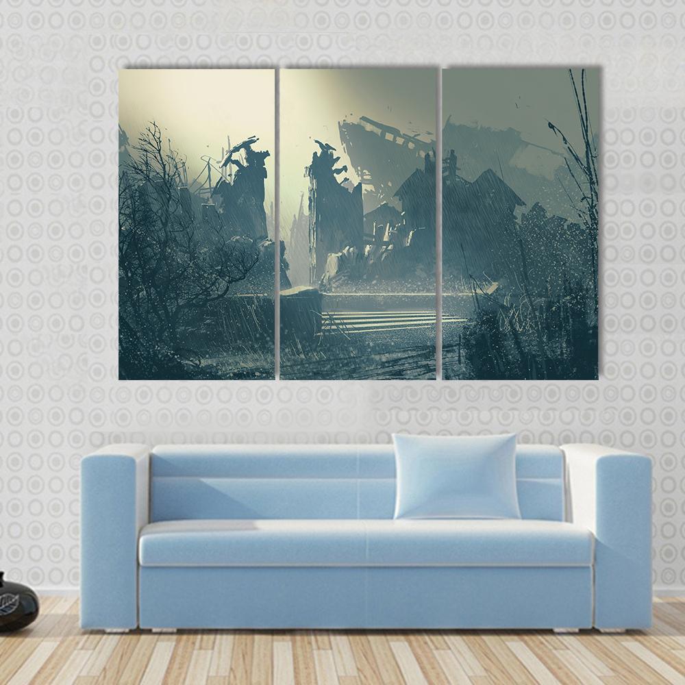 Rain In Abandoned City Canvas Wall Art-3 Horizontal-Gallery Wrap-37" x 24"-Tiaracle