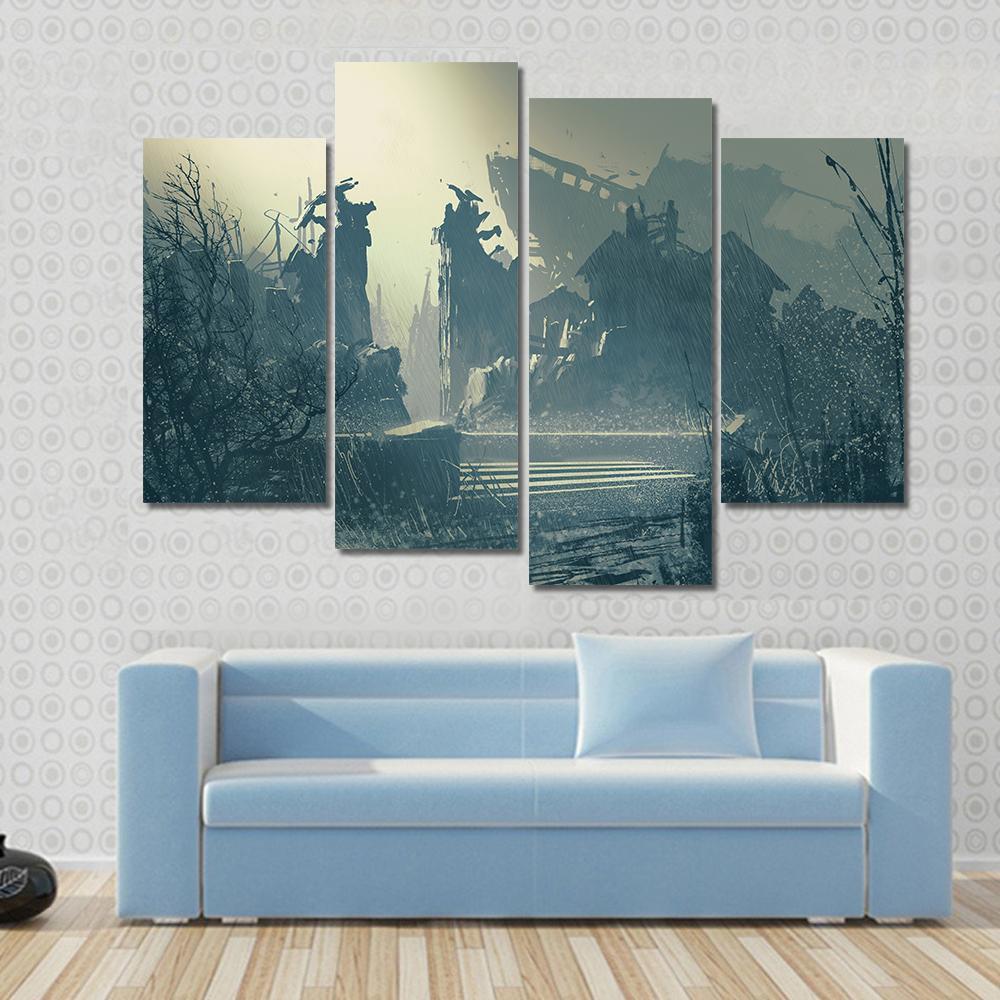 Rain In Abandoned City Canvas Wall Art-4 Pop-Gallery Wrap-50" x 32"-Tiaracle