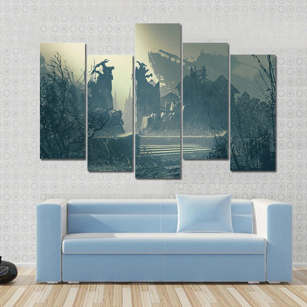 Rain In Abandoned City Canvas Wall Art-5 Pop-Gallery Wrap-47" x 32"-Tiaracle