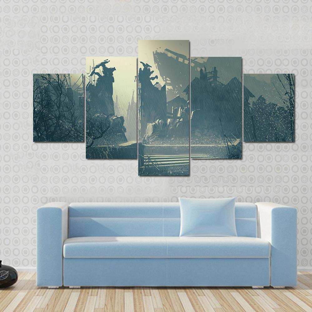 Rain In Abandoned City Canvas Wall Art-5 Star-Gallery Wrap-62" x 32"-Tiaracle