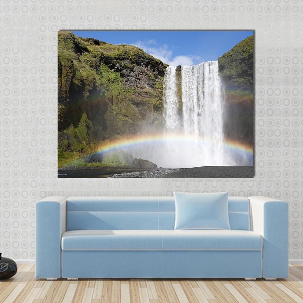 Rainbow At The Waterfall Skogafoss In Iceland Canvas Wall Art-1 Piece-Gallery Wrap-48" x 32"-Tiaracle