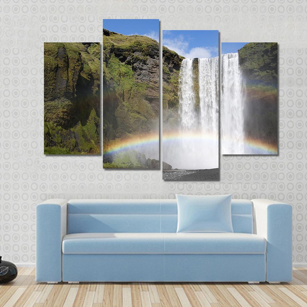 Rainbow At The Waterfall Skogafoss In Iceland Canvas Wall Art-4 Pop-Gallery Wrap-50" x 32"-Tiaracle