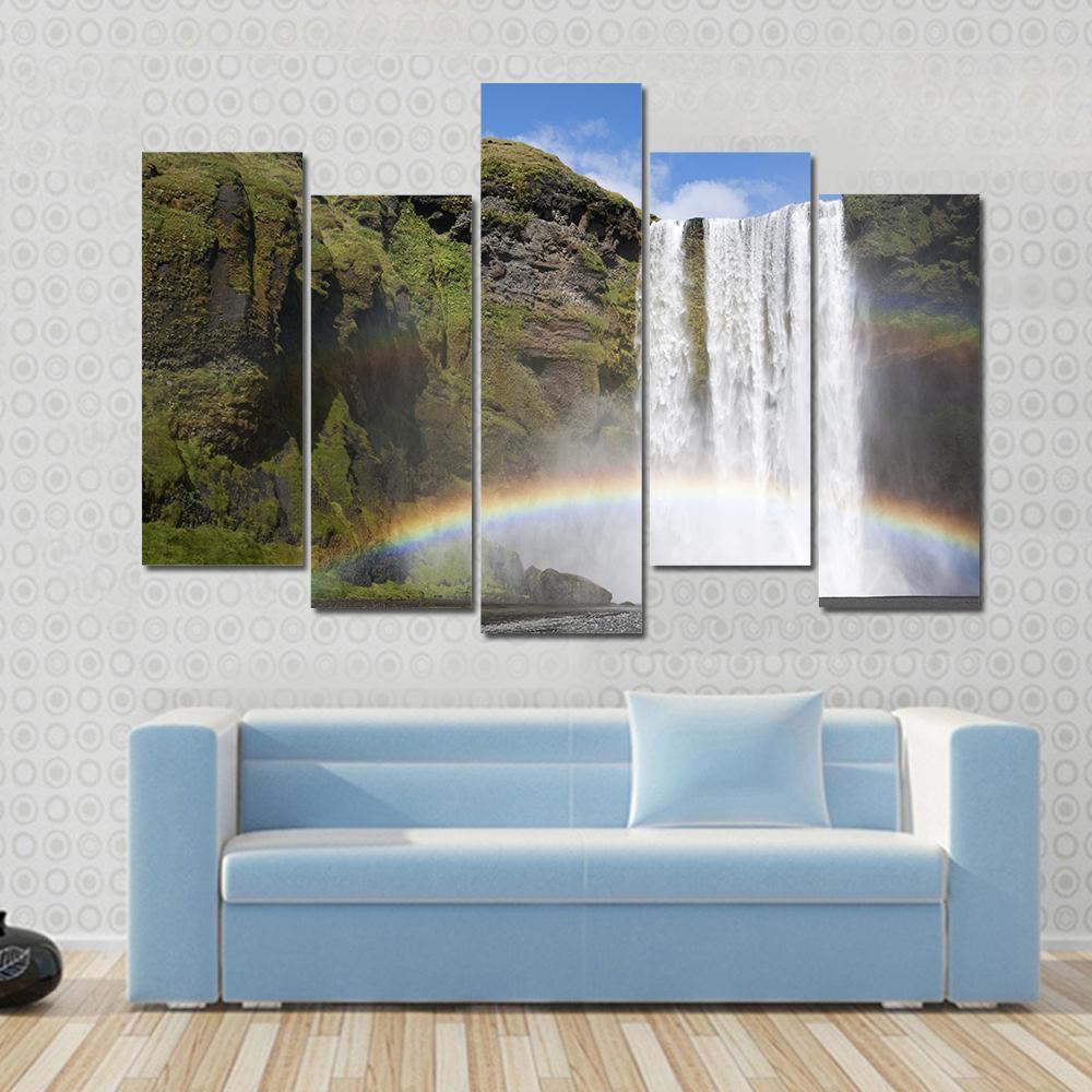 Rainbow At The Waterfall Skogafoss In Iceland Canvas Wall Art-5 Pop-Gallery Wrap-47" x 32"-Tiaracle