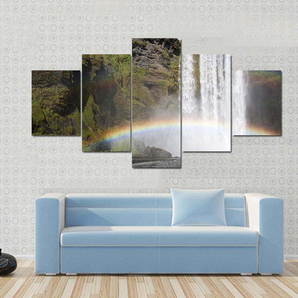 Rainbow At The Waterfall Skogafoss In Iceland Canvas Wall Art-5 Star-Gallery Wrap-62" x 32"-Tiaracle