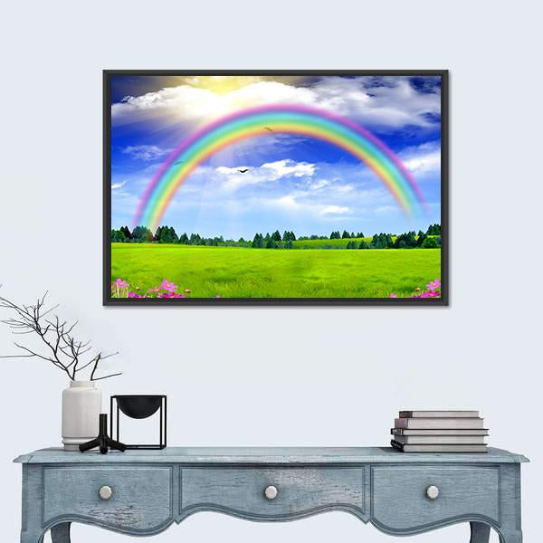 Rainbow In The Blue Sky Canvas Wall Art-1 Piece-Floating Frame-24" x 16"-Tiaracle