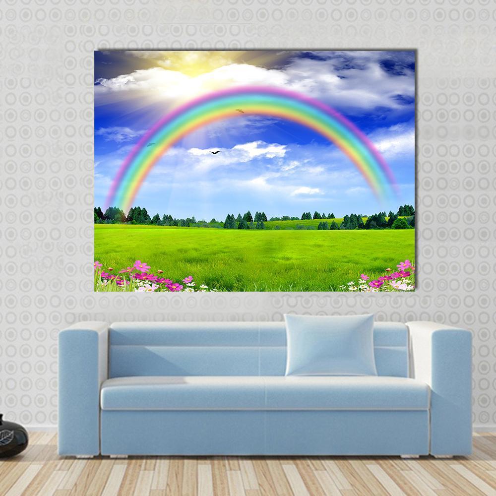 Rainbow In The Blue Sky Canvas Wall Art-1 Piece-Gallery Wrap-48" x 32"-Tiaracle