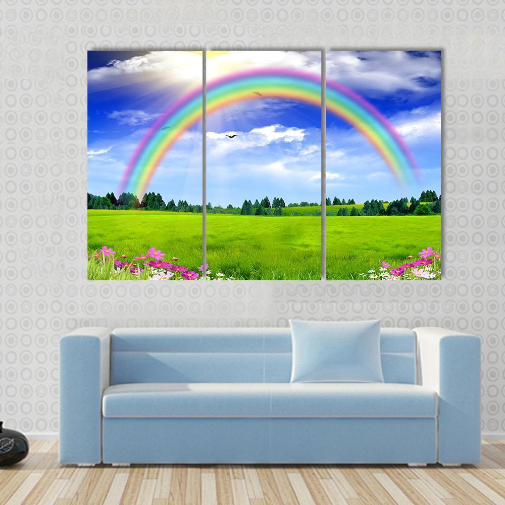 Rainbow In The Blue Sky Canvas Wall Art-3 Horizontal-Gallery Wrap-37" x 24"-Tiaracle