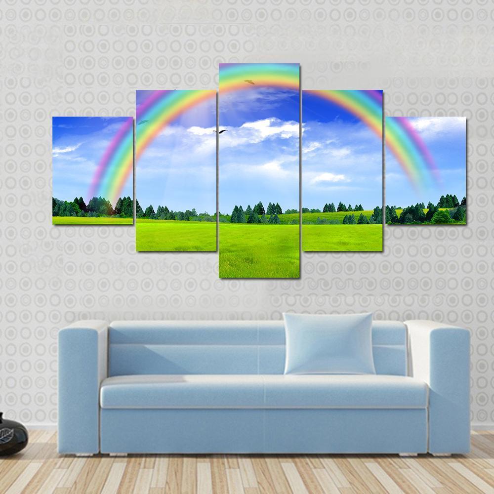 Rainbow In The Blue Sky Canvas Wall Art-5 Star-Gallery Wrap-62" x 32"-Tiaracle