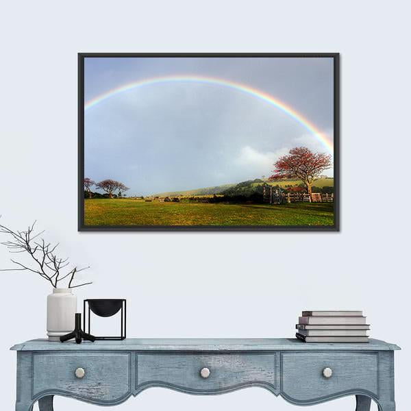 Rainbow Over A Farm Field Canvas Wall Art-1 Piece-Floating Frame-24" x 16"-Tiaracle