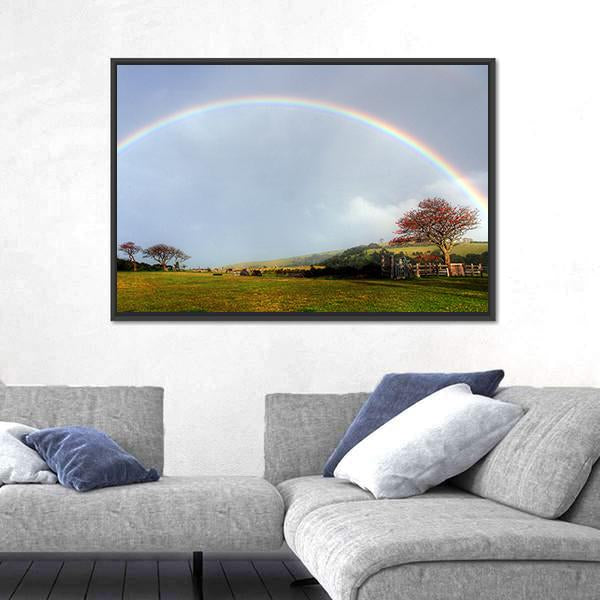 Rainbow Over A Farm Field Canvas Wall Art-3 Horizontal-Gallery Wrap-25" x 16"-Tiaracle