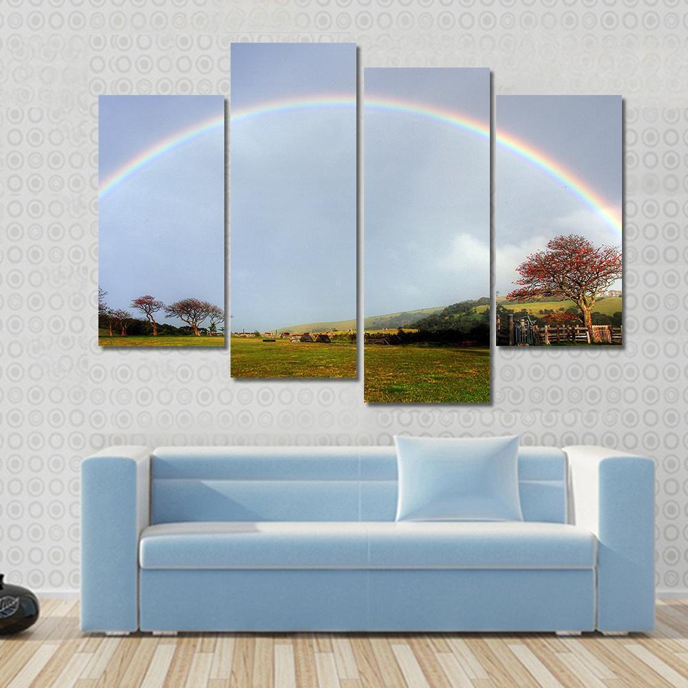 Rainbow Over A Farm Field Canvas Wall Art-4 Pop-Gallery Wrap-50" x 32"-Tiaracle