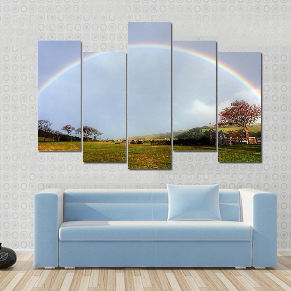 Rainbow Over A Farm Field Canvas Wall Art-5 Pop-Gallery Wrap-47" x 32"-Tiaracle