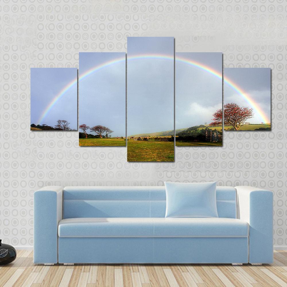 Rainbow Over A Farm Field Canvas Wall Art-5 Star-Gallery Wrap-62" x 32"-Tiaracle