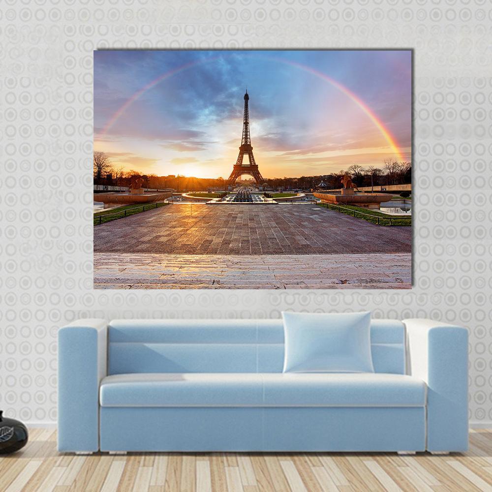 Rainbow Over Eiffel Tower Canvas Wall Art-1 Piece-Gallery Wrap-48" x 32"-Tiaracle