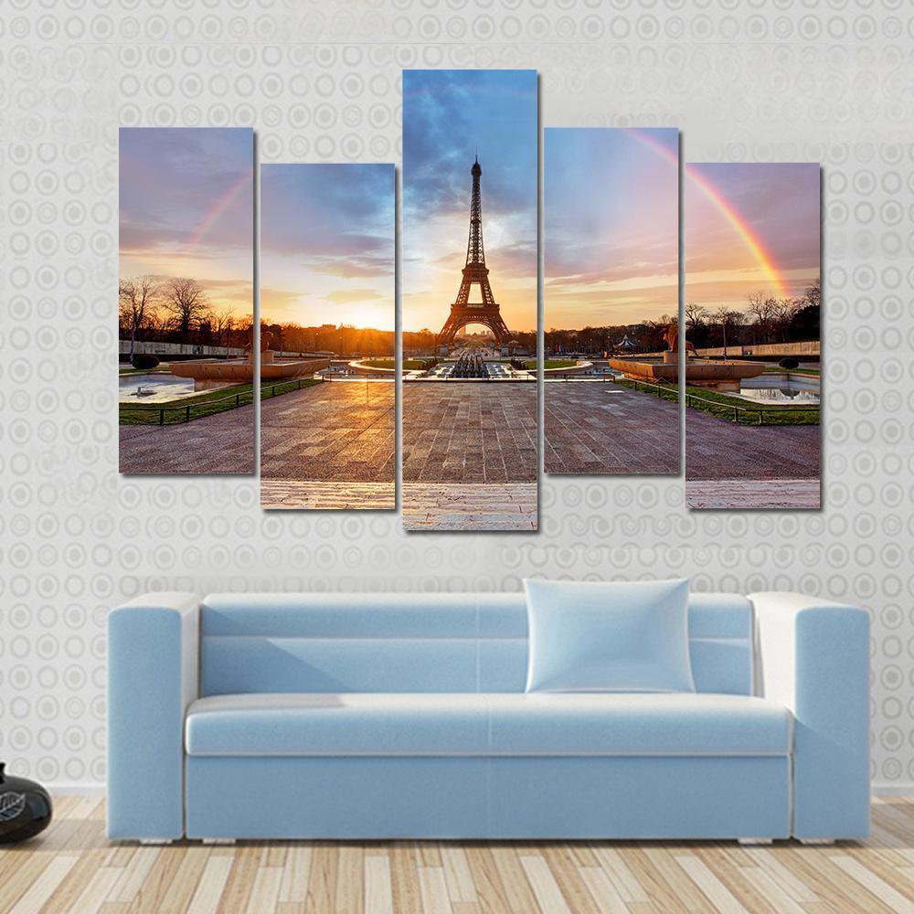 Rainbow Over Eiffel Tower Canvas Wall Art-5 Pop-Gallery Wrap-47" x 32"-Tiaracle